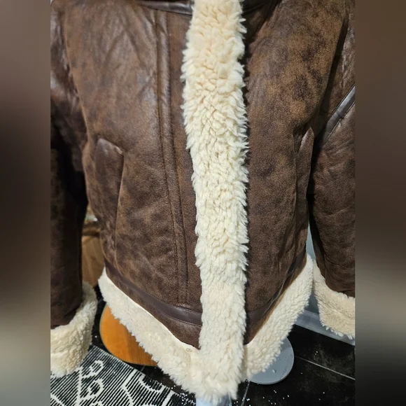 PACSUN Faux Leather Sherpa Moto Jacket. Brown/cream. Size Small - Picture 13 of 16